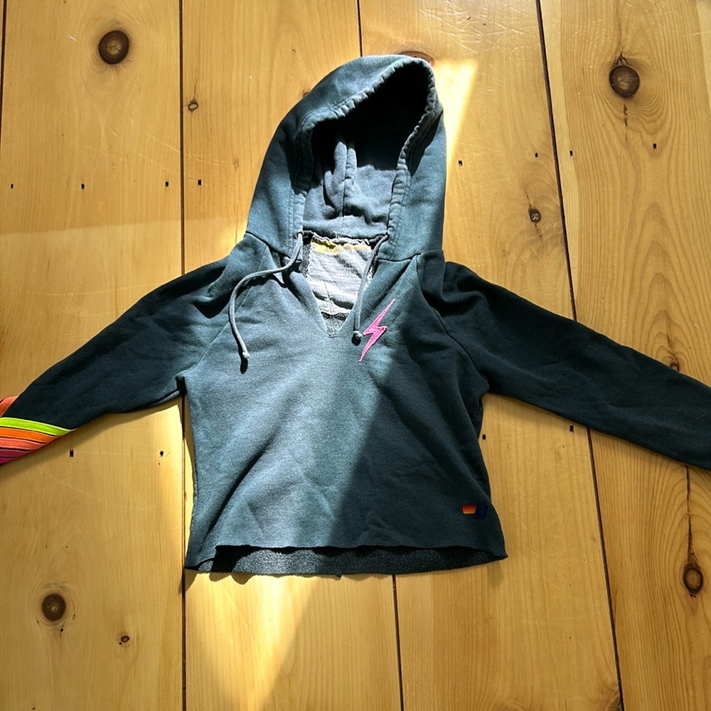 Aviator Nation Bolt Stitch Chevron 5 Split Neck Raglan Pullover Crop Hoodie Neon